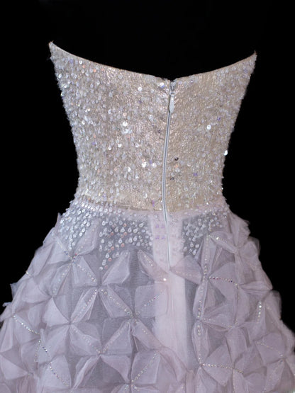 Elegantes, trägerloses Ballkleid aus lila Tüll mit Perlen, langes, formelles Abendkleid, elegantes Partykleid AS592