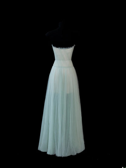 Ärmelloses, langes, formelles Abendkleid in A-Linie aus mintgrünem Tüll mit Perlen und Herzausschnitt, elegant und perfekt für Dinnerpartys (Modell AS593)