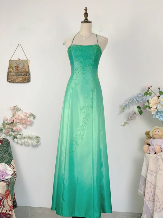 Elegant A line Halter Green With Backless Prom Dress Floor Length Evening Party Gown RB9605