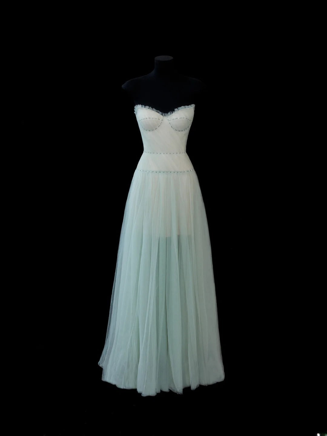 Ärmelloses, langes, formelles Abendkleid in A-Linie aus mintgrünem Tüll mit Perlen und Herzausschnitt, elegant und perfekt für Dinnerpartys (Modell AS593)
