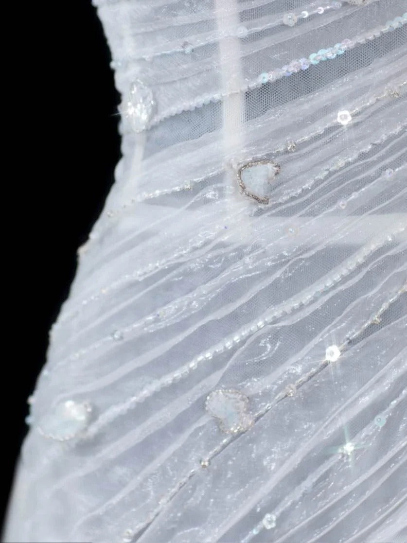 Robe de mariée vintage intemporelle pour femme, coupe trapèze, décolleté cœur, sans manches, en tulle blanc orné de perles, style années 1920, AS596