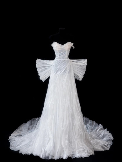 Robe de mariée vintage intemporelle pour femme, coupe trapèze, décolleté cœur, sans manches, en tulle blanc orné de perles, style années 1920, AS596