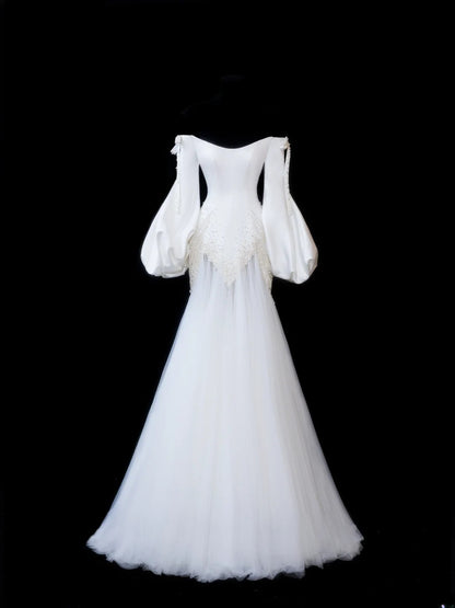 Zeitloses Meerjungfrauen-Brautkleid für Damen, schulterfrei, lange Ärmel, weißer Satin mit Perlen, tailliert, Vintage-Stil der 1920er Jahre, AS597