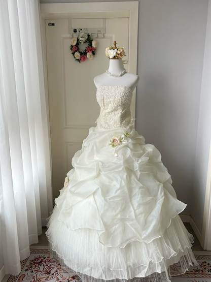 Wedding Dress Fairytale Ball Gown Strapless Tulle White With Lace Tiered Floor Length Bridal Gown RC0951