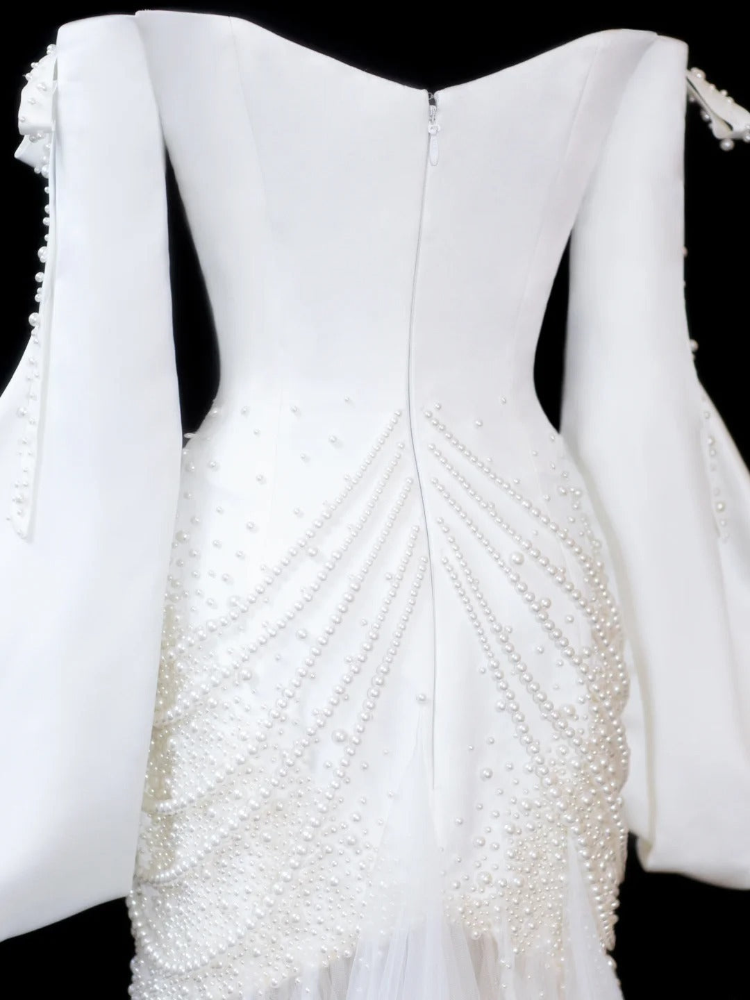 Zeitloses Meerjungfrauen-Brautkleid für Damen, schulterfrei, lange Ärmel, weißer Satin mit Perlen, tailliert, Vintage-Stil der 1920er Jahre, AS597