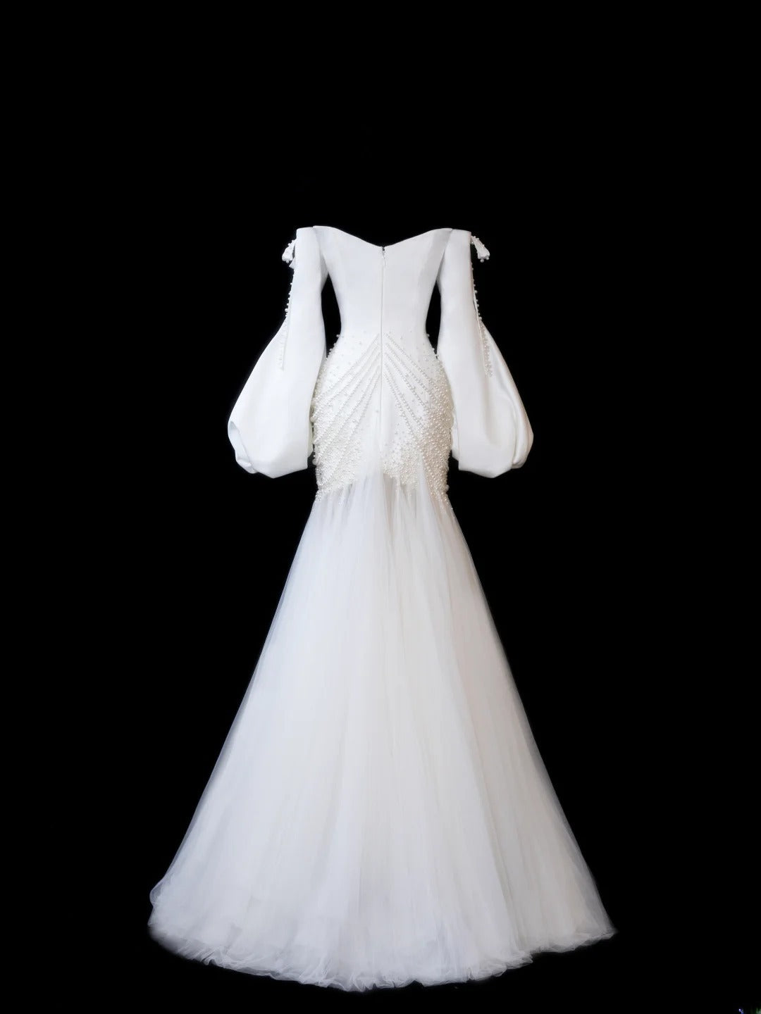 Zeitloses Meerjungfrauen-Brautkleid für Damen, schulterfrei, lange Ärmel, weißer Satin mit Perlen, tailliert, Vintage-Stil der 1920er Jahre, AS597