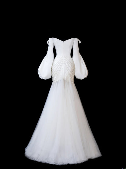 Zeitloses Meerjungfrauen-Brautkleid für Damen, schulterfrei, lange Ärmel, weißer Satin mit Perlen, tailliert, Vintage-Stil der 1920er Jahre, AS597