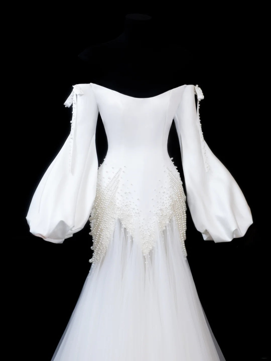 Zeitloses Meerjungfrauen-Brautkleid für Damen, schulterfrei, lange Ärmel, weißer Satin mit Perlen, tailliert, Vintage-Stil der 1920er Jahre, AS597