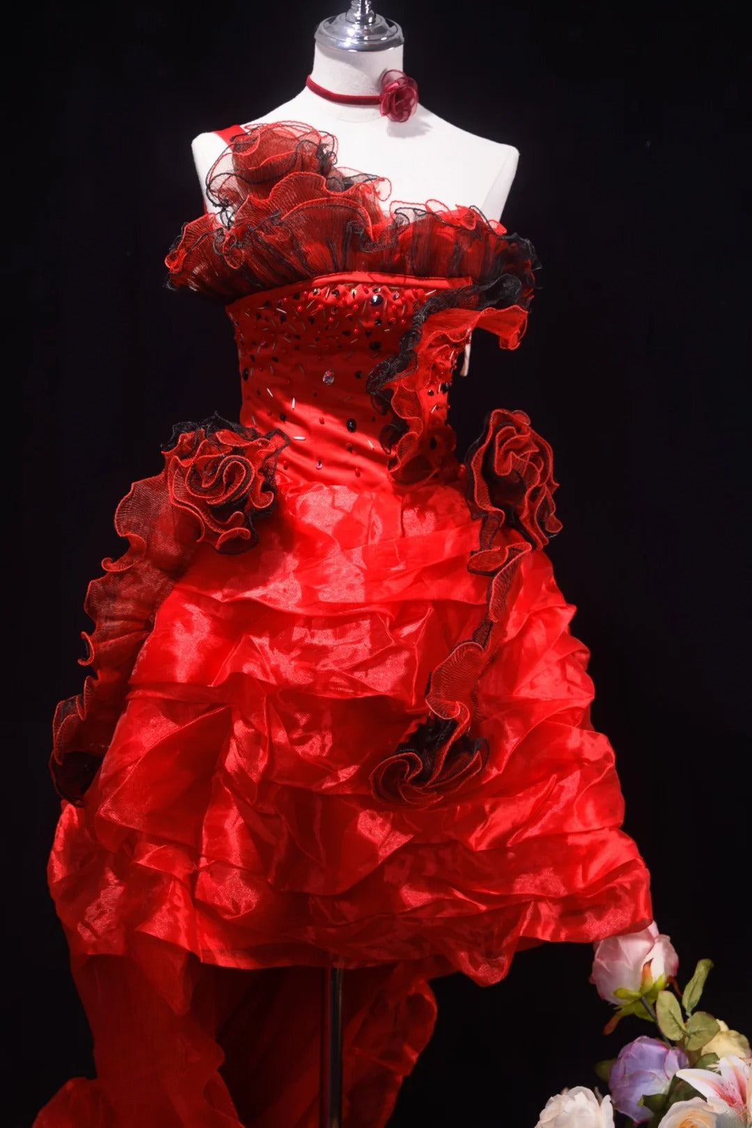 Pretty Ball Gown Red One Shoulder Quinceanera Dresses With Tiered For Sweet 15 Anos Celebration Birthday Formal Gown RB8782