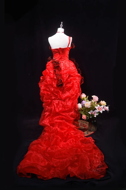 Pretty Ball Gown Red One Shoulder Quinceanera Dresses With Tiered For Sweet 15 Anos Celebration Birthday Formal Gown RB8782