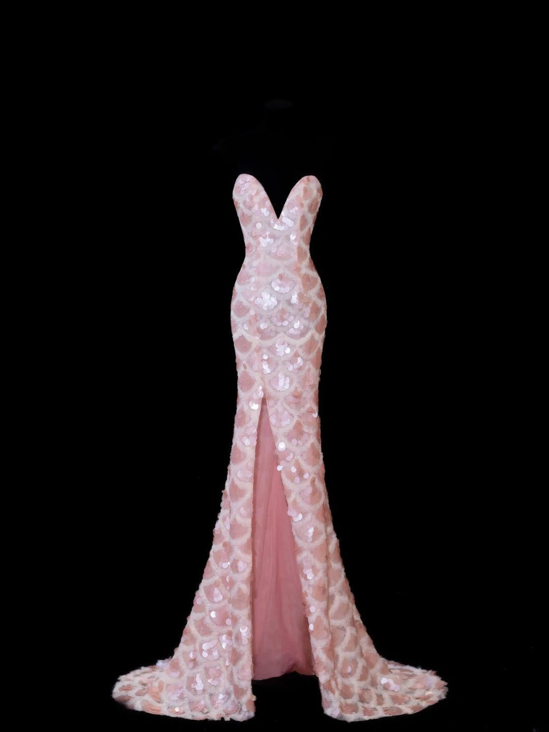 Robe de soirée longue élégante à sequins roses, décolleté en cœur et fente, style sirène, AS601