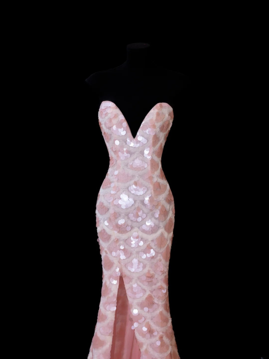 Robe de soirée longue élégante à sequins roses, décolleté en cœur et fente, style sirène, AS601