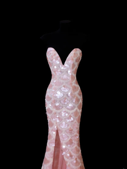 Robe de soirée longue élégante à sequins roses, décolleté en cœur et fente, style sirène, AS601