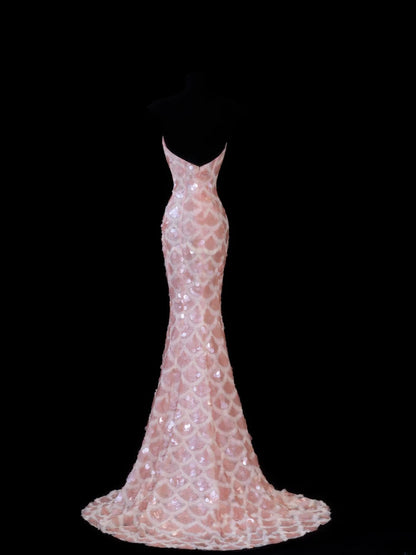 Robe de soirée longue élégante à sequins roses, décolleté en cœur et fente, style sirène, AS601