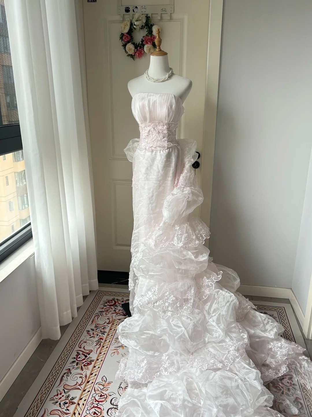 Prom Dresses ideas Modest Strapless Ball Gown Light Pink Ruffled Tiered Lace Formal Party Gown 8th Grade Dress RC0955