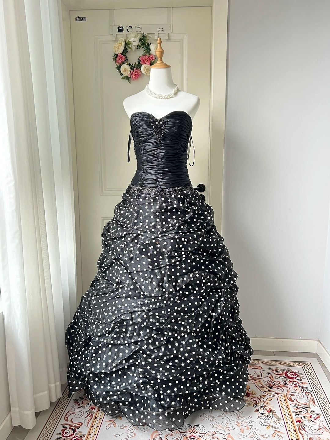 Sweet 16 Quinceanera Dress Ball Gown Sweetheart Black Polka Dots With Tiered 16th Birthday Party Outfit RC0957