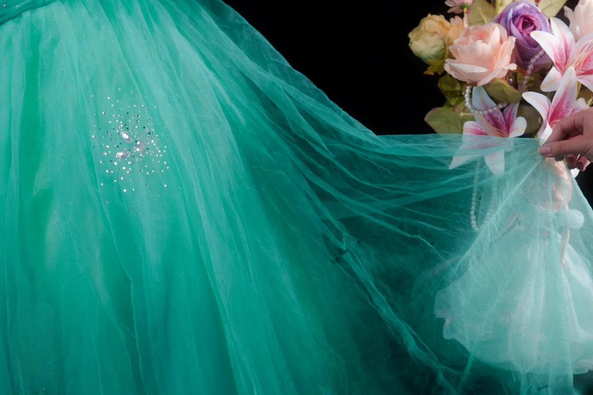 Pretty Ball Gown Blue Tulle Quinceanera Dresses Floral With Beaded For Sweet 15 Anos Celebration Birthday Formal Gown RB8784