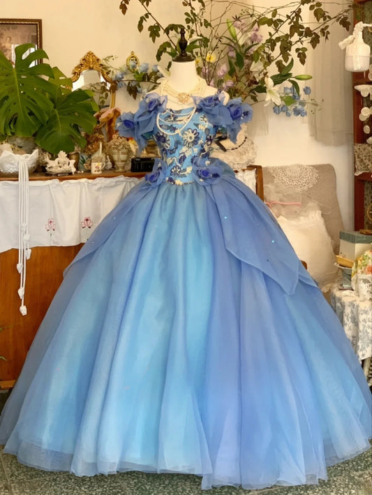 Sweet 16 Dress Ball Gown Blue With Flowers Cape Vestido De 15 Sweet Sixteen Dress RB9613