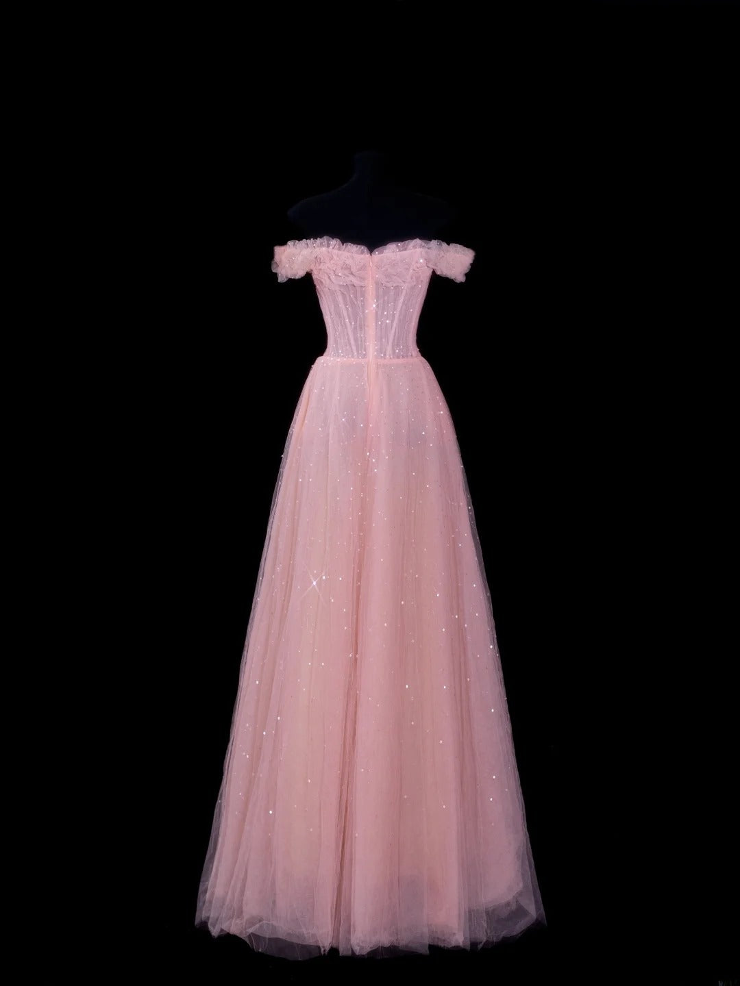 Elegantes, schulterfreies, langes, formelles Abendkleid aus rosa Tüll in A-Linie, perfekt für Dinnerpartys und festliche Anlässe (AS607)