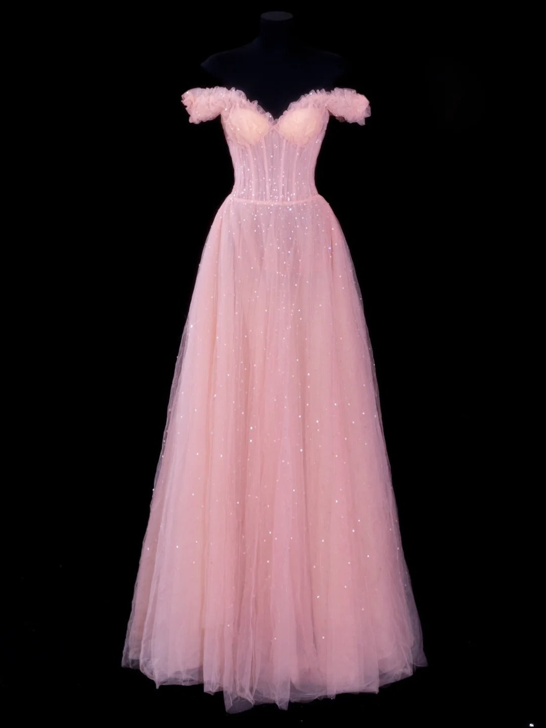 Elegantes, schulterfreies, langes, formelles Abendkleid aus rosa Tüll in A-Linie, perfekt für Dinnerpartys und festliche Anlässe (AS607)