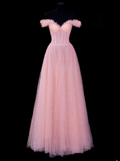 Elegantes, schulterfreies, langes, formelles Abendkleid aus rosa Tüll in A-Linie, perfekt für Dinnerpartys und festliche Anlässe (AS607)