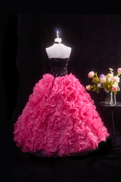 Charming Ball Gown Black Pink Strapless Quinceanera Dresses With Tiered For Sweet 15 Anos Celebration Birthday Formal Gown RB8787