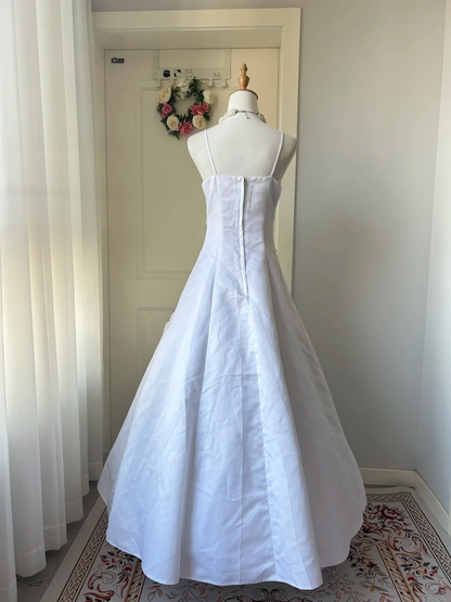 Wedding Dress Fairytale Ball Gown Spaghetti Straps White With Lace Satin Floor Length Bridal Gown RC0960