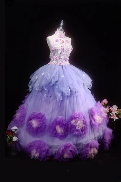 Charming Ball Gown High Neck Lilac Tulle Quinceanera Dresses With Tiered For Sweet 15 Anos Celebration Birthday Formal Gown RB8788