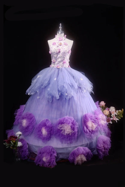Charming Ball Gown High Neck Lilac Tulle Quinceanera Dresses With Tiered For Sweet 15 Anos Celebration Birthday Formal Gown RB8788
