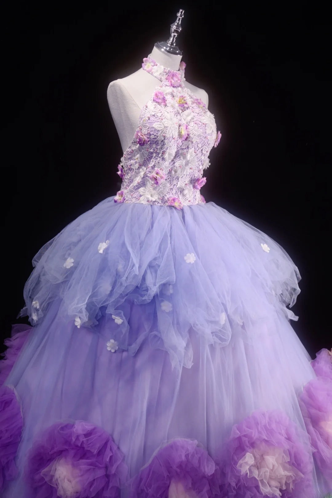 Charming Ball Gown High Neck Lilac Tulle Quinceanera Dresses With Tiered For Sweet 15 Anos Celebration Birthday Formal Gown RB8788
