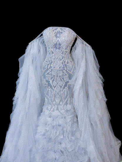 Zeitloses Meerjungfrauen-Brautkleid für Damen, schulterfrei, lange Ärmel, hellblau mit Perlen, tailliert, Vintage-Stil der 1920er Jahre, AS611
