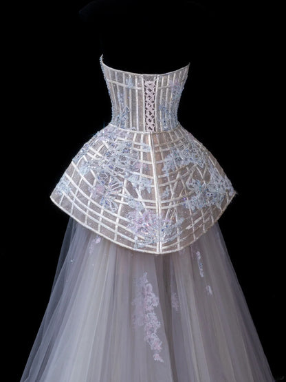 Elegant Ball Gown Strapless Multi Colors Tulle Lace Tops Formal Fancy Long Evening Dresses Dinner Outfits Classy Party Gowns AS613