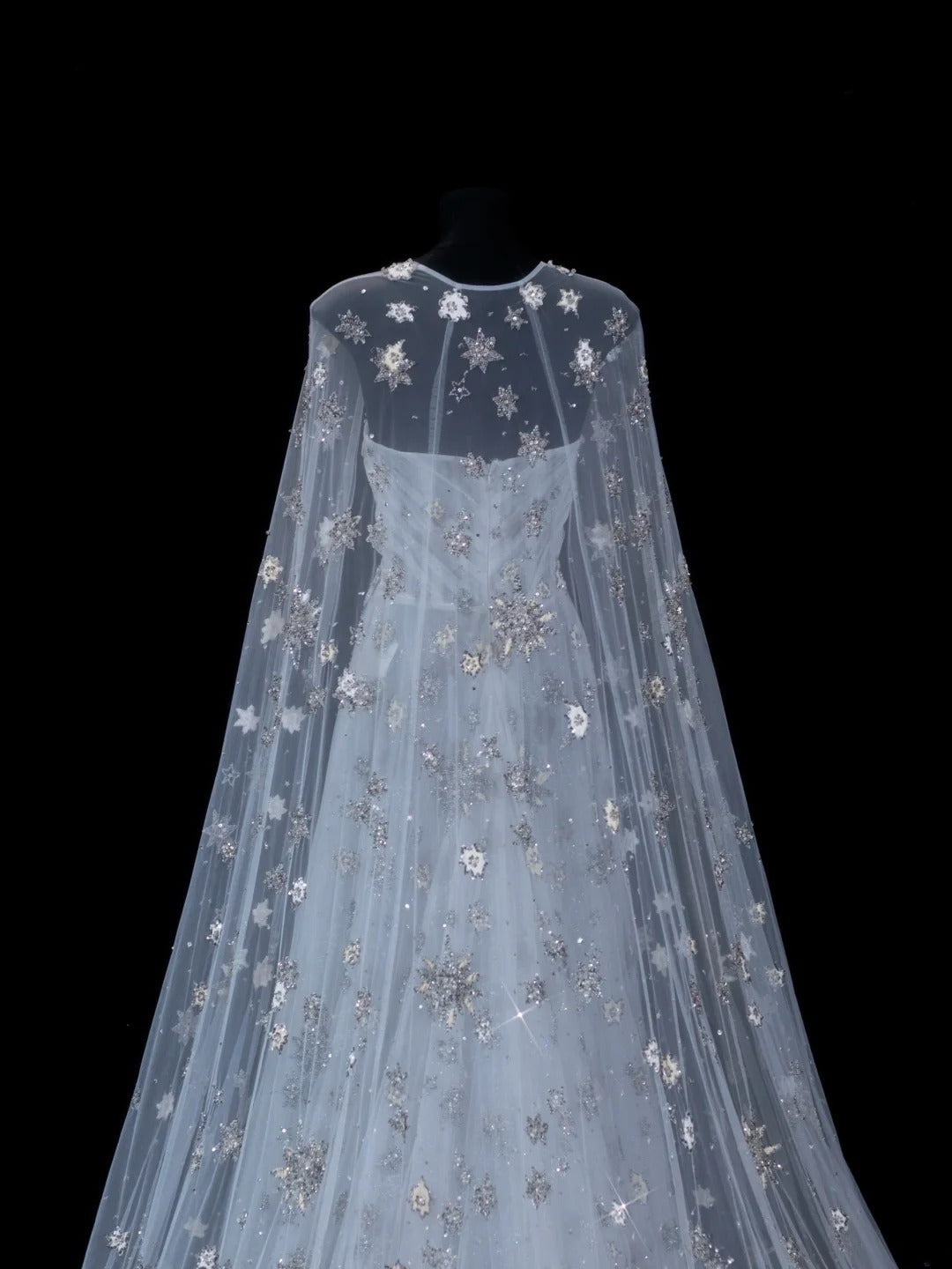 Robe de soirée longue élégante en tulle, coupe trapèze, sans bretelles, avec cape en tulle. Tenue de dîner chic et raffinée. AS616