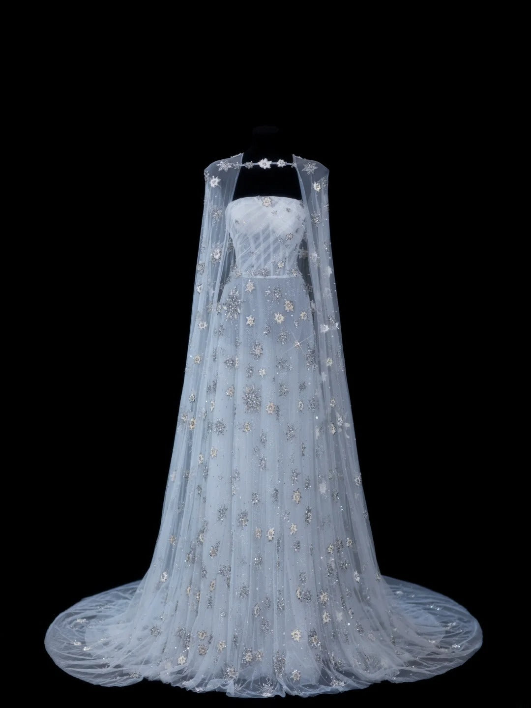 Robe de soirée longue élégante en tulle, coupe trapèze, sans bretelles, avec cape en tulle. Tenue de dîner chic et raffinée. AS616