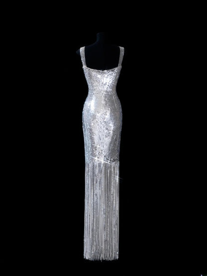 Chic Sheath Square Neck Silver Sequin Long Prom Formal Fancy Evening Dresses Dinner Outfits Classy Party Gowns AS617