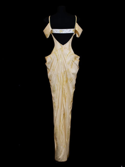 Elegantes, langes, gelbes Etuikleid mit Spaghettiträgern – formelles Abendkleid für festliche Anlässe und Dinnerpartys AS619