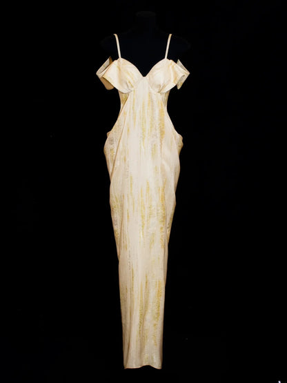 Elegantes, langes, gelbes Etuikleid mit Spaghettiträgern – formelles Abendkleid für festliche Anlässe und Dinnerpartys AS619