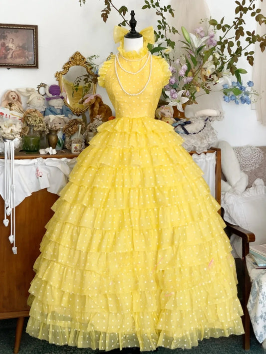 Sweet 16 Dress Ball Gown High Neck Yellow Tulle With Tiered Vestido De 15 Sweet Sixteen Dress RB9620