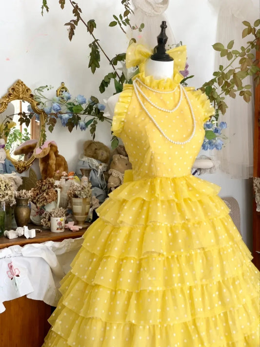 Sweet 16 Dress Ball Gown High Neck Yellow Tulle With Tiered Vestido De 15 Sweet Sixteen Dress RB9620