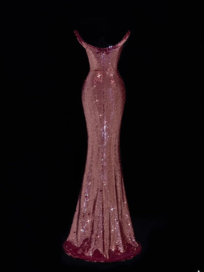 Elegantes, schulterfreies, pinkfarbenes Paillettenkleid im Meerjungfrauenstil – formelles, langes Abendkleid, elegantes Partykleid AS621