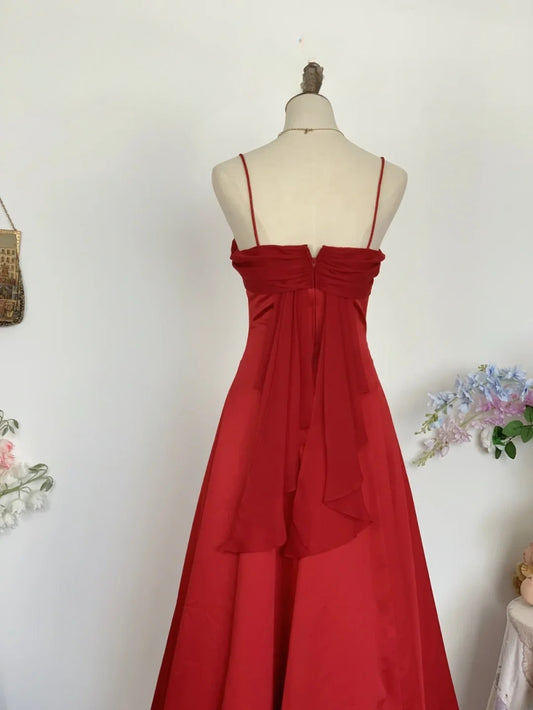 Elegant A line Spaghetti Straps Red Satin Prom Dress Floor Length Evening Party Gown RB9621