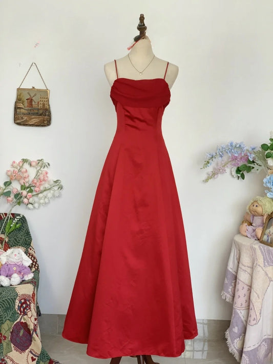 Elegant A line Spaghetti Straps Red Satin Prom Dress Floor Length Evening Party Gown RB9621