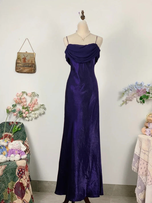 Elegant A line Spaghetti Straps Purple Satin Prom Dress Floor Length Evening Party Gown RB9622
