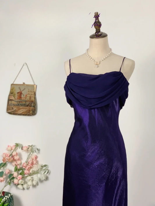 Elegant A line Spaghetti Straps Purple Satin Prom Dress Floor Length Evening Party Gown RB9622