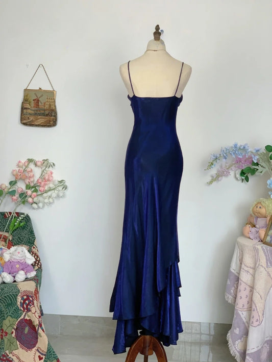 Elegant Mermaid Spaghetti Straps Royal Blue Satin Prom Dress Floor Length Evening Party Gown RB9623