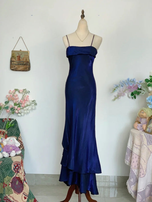 Elegant Mermaid Spaghetti Straps Royal Blue Satin Prom Dress Floor Length Evening Party Gown RB9623