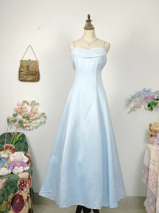 Elegant A Line Spaghetti Straps Light Sky Blue Satin Prom Dress Floor Length Evening Party Gown RB9624