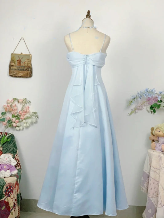 Elegant A Line Spaghetti Straps Light Sky Blue Satin Prom Dress Floor Length Evening Party Gown RB9624