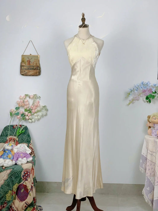 Elegant Mermaid Halter Champagne Satin Prom Dress Floor Length Evening Party Gown RB9626