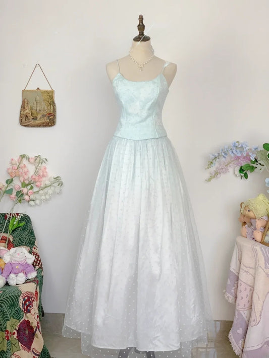Elegant Ball Gown Spaghetti Straps Light Blue Prom Dress Floor Length Evening Party Gown RB9628
